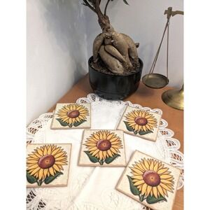 Vintage Sunflower Ceramic Tile Coasters Set of 5, Floral Kitchen Decor